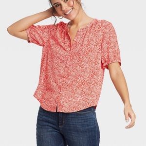Red Floral Button Down Blouse